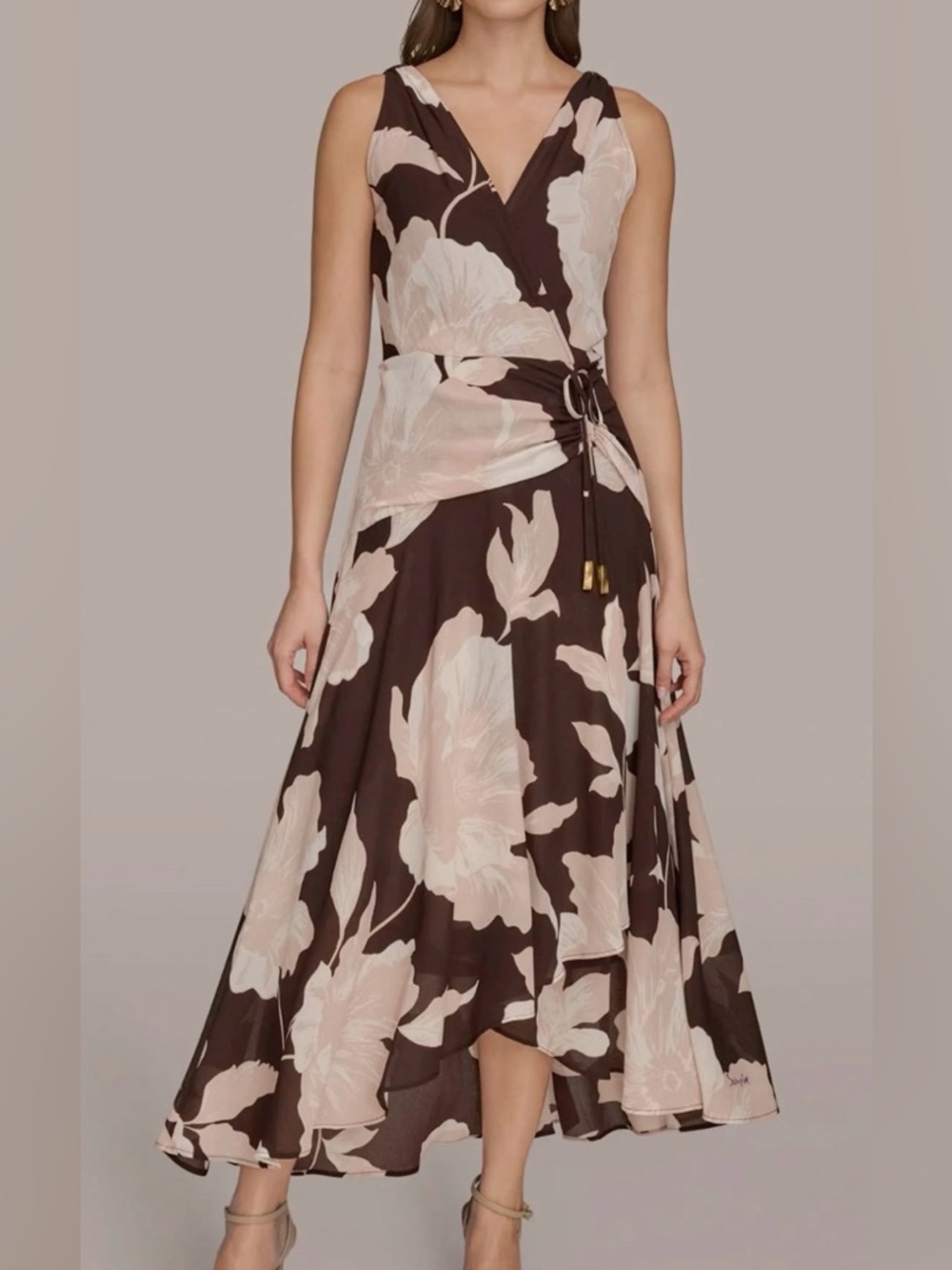 Donna Karan Brown and Blush Floral High-Low Wrap Skirt